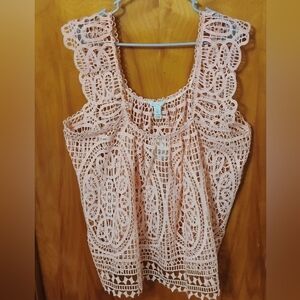 Sleeveless Peach Colored Crochet Lace Tank Top Like Shirt